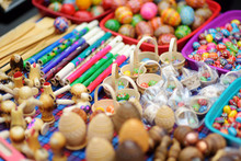 Small Wooden Toys, Easter Eggs And Decorations Sold On Easter Market In Vilnius