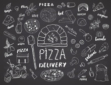 Pizza Menu Hand Drawn Sketch Set. Pizza Preparation And Delivery Doodles With Flour And Other Food Ingredients, Oven And Kitchen Tools, Scooter, Pizza Box Design Template. Vector Illustration