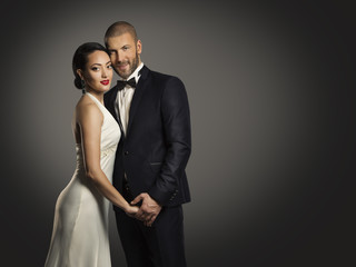 Couple Beauty Portrait, Handsome Man Well Dressed Black Suit and Beautiful Woman in White Dress