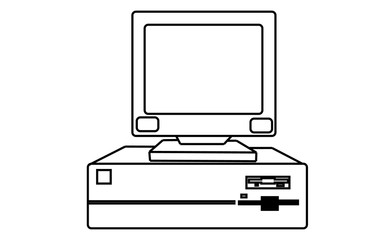 Poster - Black and white retro, vintage, old computer from the 80's, 90's with a system unit located beneath a monitor painted with strokes on a white background.Vector illustration.