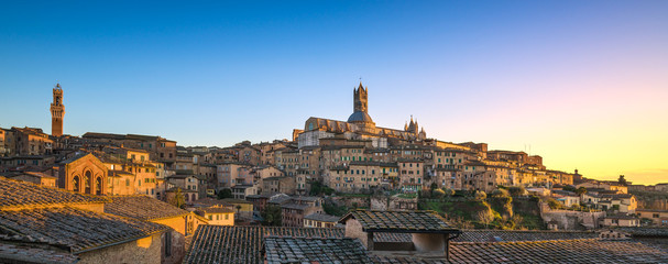 Wall Mural - Siena sunset panoramic skyline. Mangia tower and cathedral duomo. Tuscany,