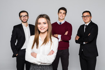 Group of business people with woman in front like a leader isolated over a white background