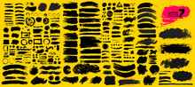 Big Collection Of Black Paint, Ink Brush Strokes, Brushes, Lines, Grungy. Dirty Artistic Design Elements, Boxes, Frames. Vector Illustration. Isolated On Yellow Background. Freehand Drawing