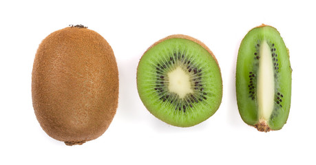 sliced kiwi fruit isolated on white background. Flat lay pattern. Top view