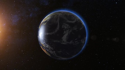 Wall Mural - space view on planet earth and sun star rotating on axis in black universe. seamless loop with day a