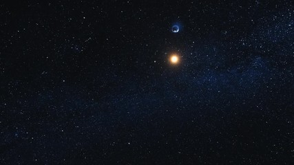 Wall Mural - space view on planet earth and sun star approach and rotating in black universe. seamless loop with 