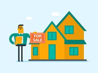 Poster - Young caucasian white broker offering the house for sale. Broker with placard for sale and documents in hands standing on the background of house for sale. Vector cartoon illustration.