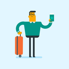 Wall Mural - Full length of young happy caucasian white airplane passenger with suitcase waiting for a flight at the airport and holding a passport and a boarding pass. Vector cartoon illustration. Square layout.