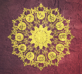 Wall Mural - Astrological symbols in the circle. Decorative ornament. Grunge texture