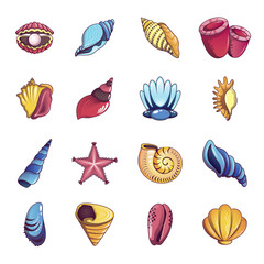 Poster - Tropical sea shell icons set, cartoon style