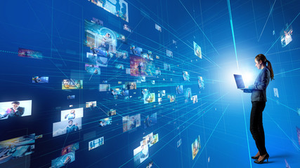 Poster - young woman in cyberspace.