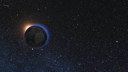 Wall Mural - sunrise view from space on planet earth and moon rotating in space against the background of the sta