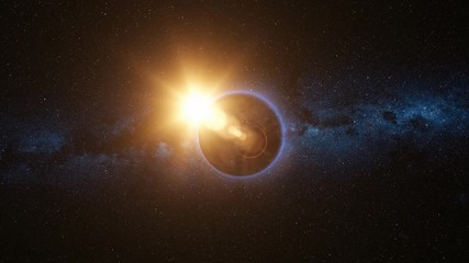 Wall Mural - realistic earth, rotating in space against the background of the starry sky and the sun. seamless lo