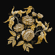 Golden roses embroidery. Classical embroidery vintage buds of golden roses on black background. Fashionable template for design of clothes, t-shirt design, tapestry flowers renaissance style vector