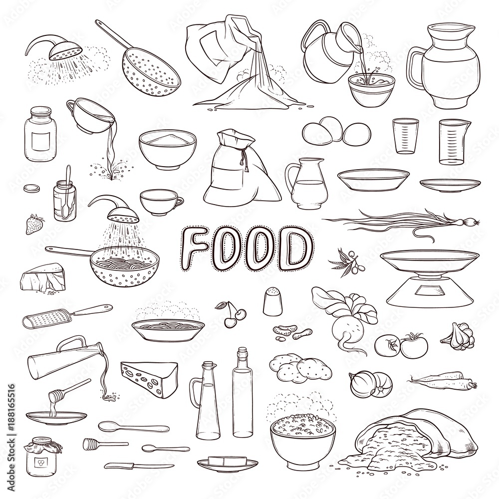 Vector black and white sketch collection set food products, beverages,  kitchen utensils, various dishes and cutlery. Cooking pasta, pour olive oil  and honey. Fresh vegetables, flour and grain in bag. Stock Vector |, image size:1000x1000