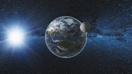 Wall Mural - sunrise view from space on planet earth and moon. milky way with thousand stars in the background. h