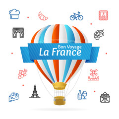 Poster - France Design Template Line Icon Welcome Concept and Hot Air in Sky. Vector