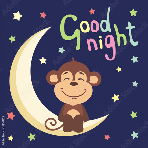 Good night! Funny monkey in cartoon style sitting on moon. Stock Vector ...