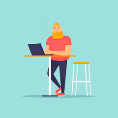 Young man working on the computer programmer, business analysis, design, strategy. Flat vector illustration in cartoon style.