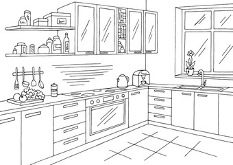 Fototapete - Kitchen room graphic black white interior sketch illustration vector