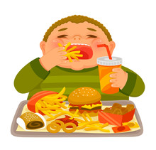 Overweight Boy Mindlessly Eating Large Amounts Of Junk Food