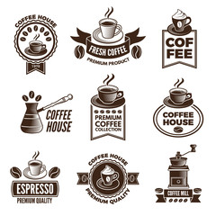 Wall Mural - different labels set for coffee house. pictures of cups of coffee and caffeine beans