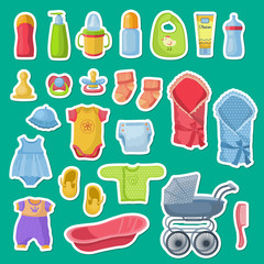 Poster - Vector baby accessories stickers isolated on blue background
