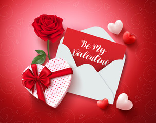 Be my valentine greeting card vector design with love letter, rose and gift and hearts elements in red background for valentines day. Vector illustration.
