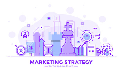 Poster - Flat Line Purple color Modern Concept Illustration - Marketing Strategy