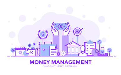 Poster - flat line purple color modern concept illustration - money management