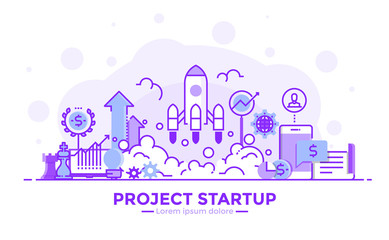 Poster - flat line purple color modern concept illustration - project startup