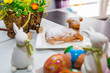 Traditional easter breakfast table with decorated eggs