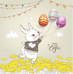 Wall Mural - Lovely baby rabbit dressed in jumper holding colorful eggs on threads, floral field, flag garlands and Happy Easter inscription handwritten with elegant calligraphic font. Holiday vector illustration.