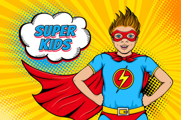 Sticker - Wow face. Cute surprised little boy dressed like superhero with open mouth shows his power and Super Kids speech bubble. Vector illustration in retro pop art comic style. Party invitation poster.