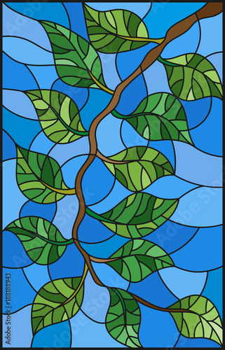 ilustracja-w-witrazu-stylu-rosliny-galaz-z-liscmi-na-nieba-tle