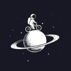 Wall Mural - cute astronaut rides on bicycle at the saturn.prints design.childish vector illustration