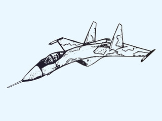 Military airplane Su, hand drawn doodle sketch, isolated vector outline illustration