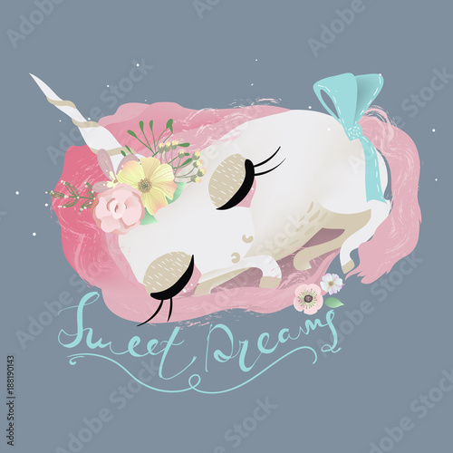 Cute Baby Unicorn Girl Princess Dreaming Sleeping With Flowers