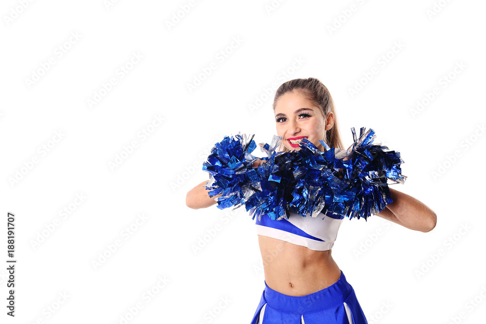 Young cheerleader in blue and white suit with pompoms on white ...