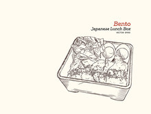 Bento, Japanese Lunch Box. Hand Draw Sketch Vector.