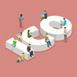 © TarikVision - Initial coin offering flat isometric vector concept. People with laptops are sitting and standing around big letters ICO.