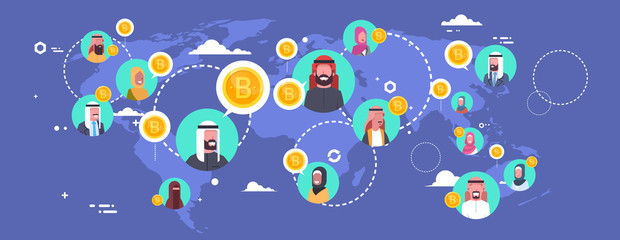 Poster - Arab People Mining Bitcoins Over World Map Modern Digital Money Network Crypto Currency Concept Vector Illustration
