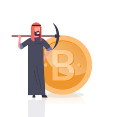Poster - Cryptocurrency Mining Concept Arab Man With Pickaxe Over Golden Bitcoin Coin Isolated On White Background Flat Vector Illustration