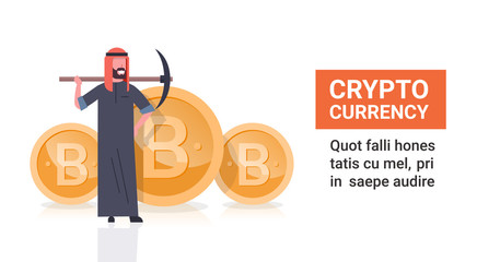 Poster - Cryptocurrency Mining Concept Arab Man With Pickaxe Over Golden Bitcoin Coin Isolated On White Template Background Flat Vector Illustration