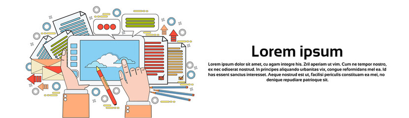 Poster - Graphic Designer Tool On Workplace Hands Holding Digital Tablet Drawing With Pen Creative Process Thin Line Vector Illustration