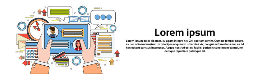 Poster - Hands Holding Digital Tablet Messaging In Social Media On Workplace Background Horizontal Banner With Copy Space Vector Illustration