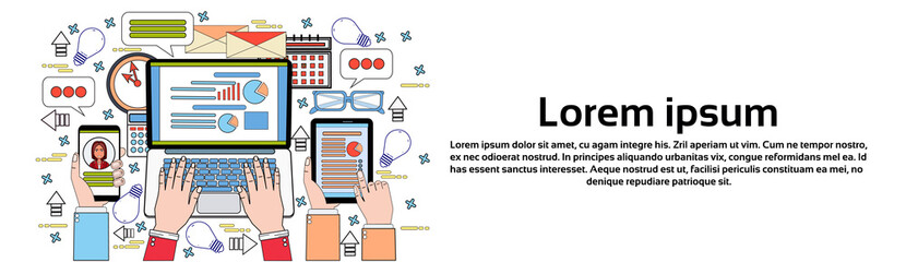 Poster - Tablet Laptop And Smart Phone Finance Chart Business People Hands Working On Data Report, Statistic Documents Office Desk Workplace Horizontal Banner With Copy Space Thin Line Vector Illustration