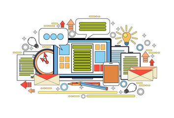 Poster - Workplace Computer Desktop Office Worker Desk Elements Thin Line Vector Illustration