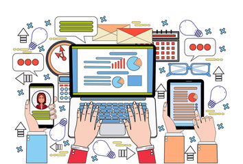 Poster - Tablet Laptop And Smart Phone Finance Chart Business People Hands Working On Data Report, Statistic Documents Office Desk Workplace Thin Line Vector Illustration