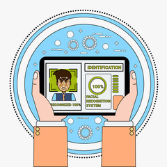 Poster - Hand Holding Digital Tablet Scanning Male User Face Recognition And Identification System Biometrical Identification Concept Vector Illustration